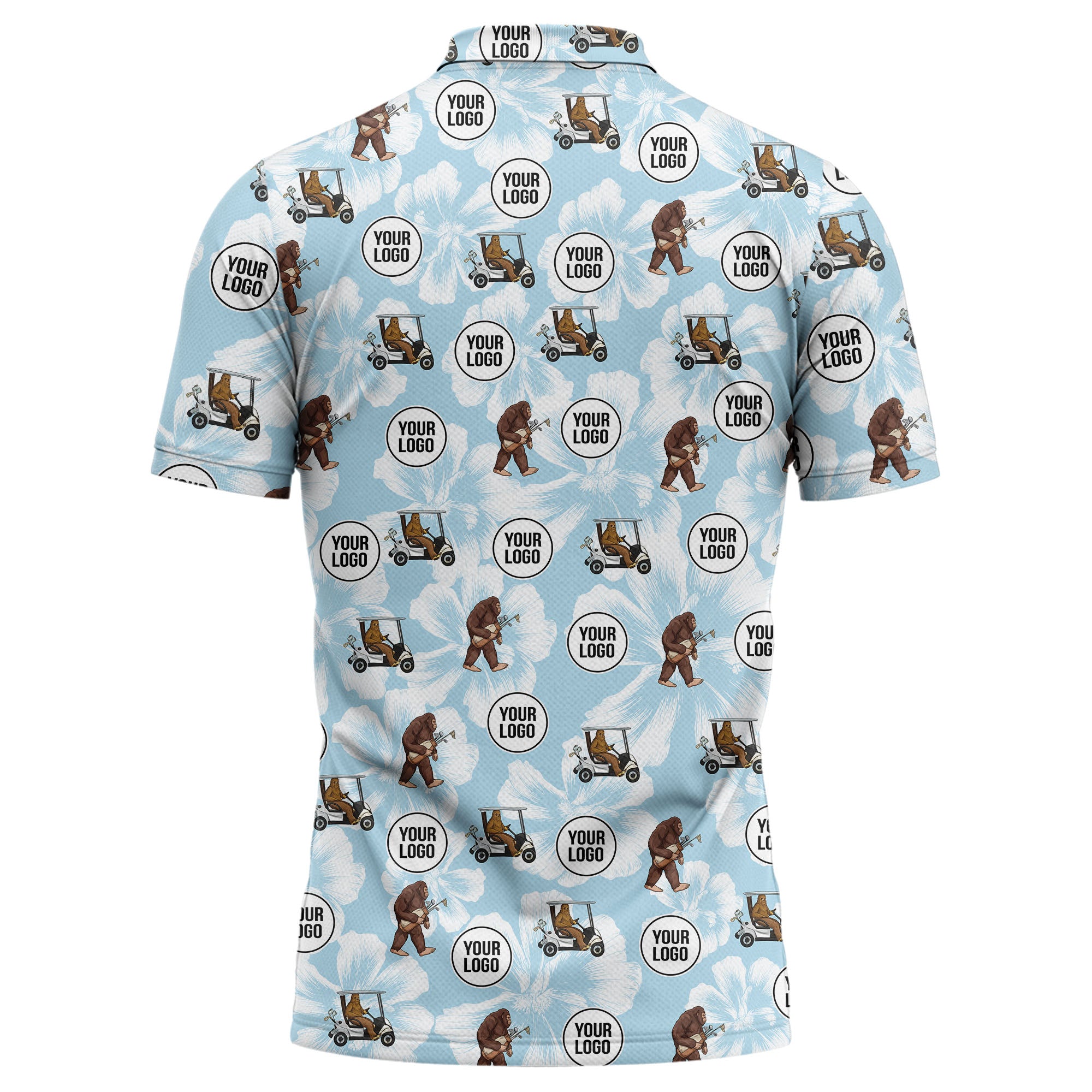 Sasquatch Banjo Golf Carts Tropical Repeating Illustrated Blue Polo Shirt