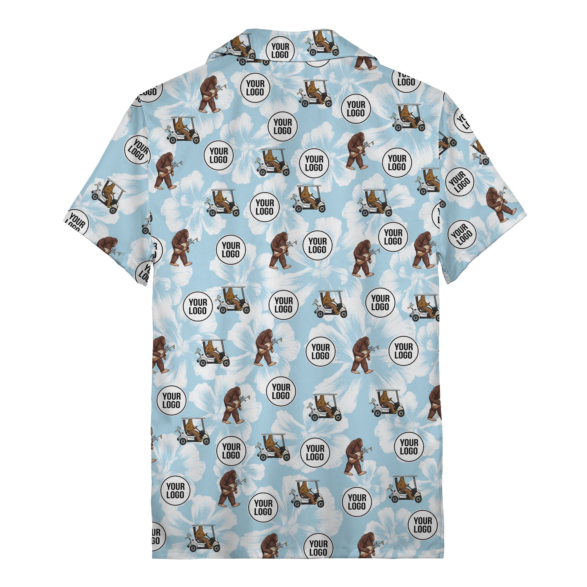 sasquatch golfing bigfoot floral hawaiian shirt with golf carts & clubs