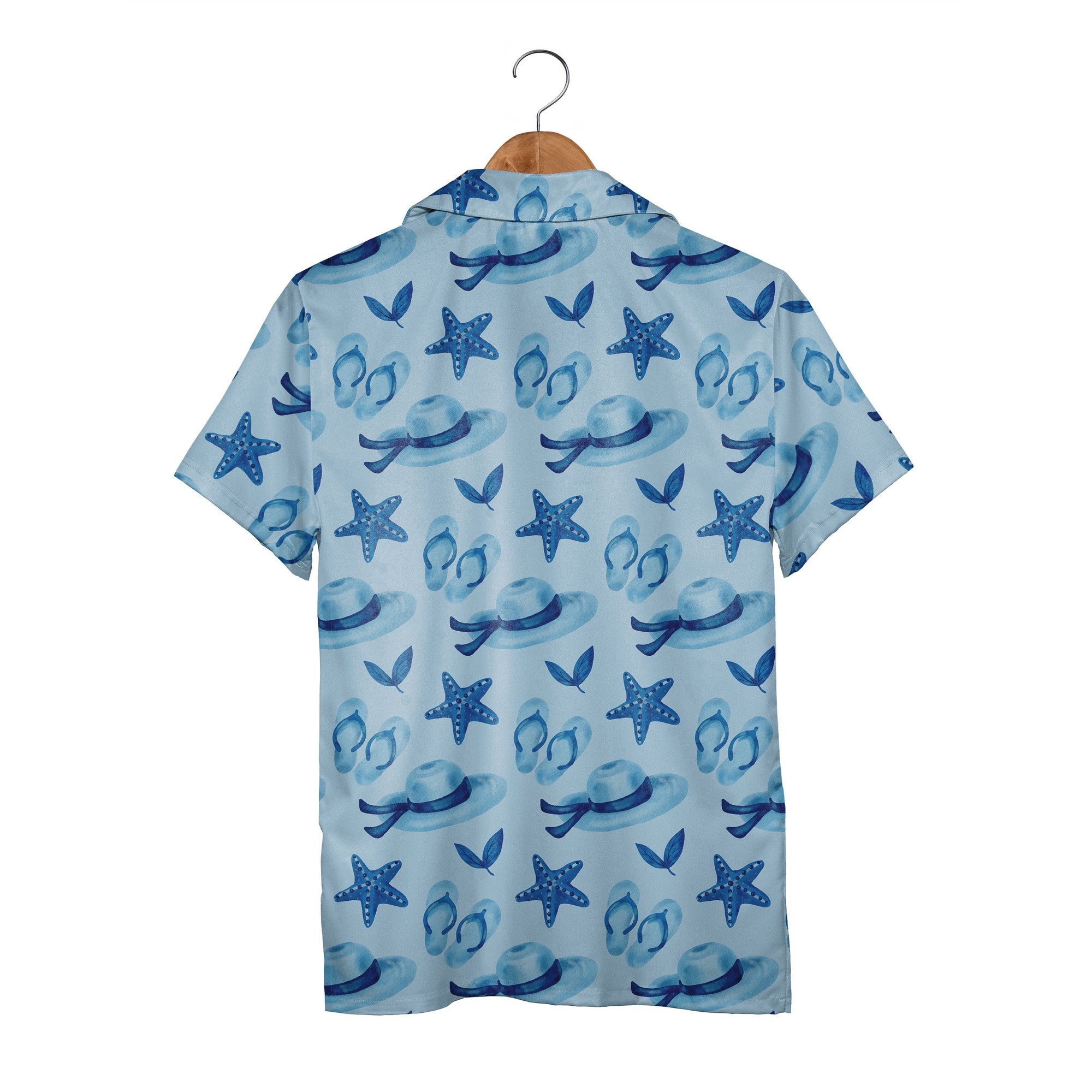 Seaside Escape Hawaiian Shirt with Starfish and Sun Hats in Watercolor Blues