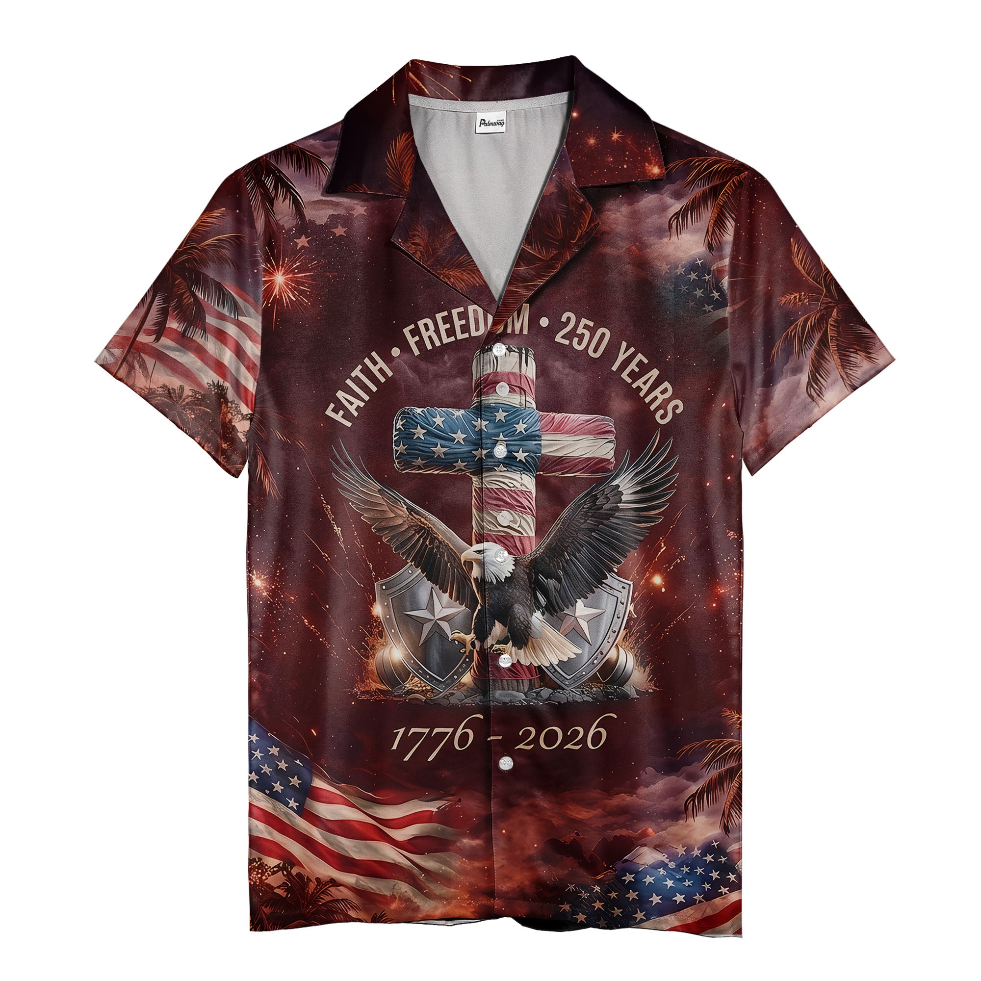 soaring bald eagle fireworks palms patriotic hawaiian shirt for men
