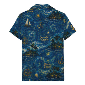 starry night sailboats & cruise ships palm tree hawaiian shirt