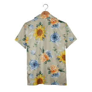 Sunflower and Blue Rose Hawaiian Shirt with Eucalyptus on Khaki Background