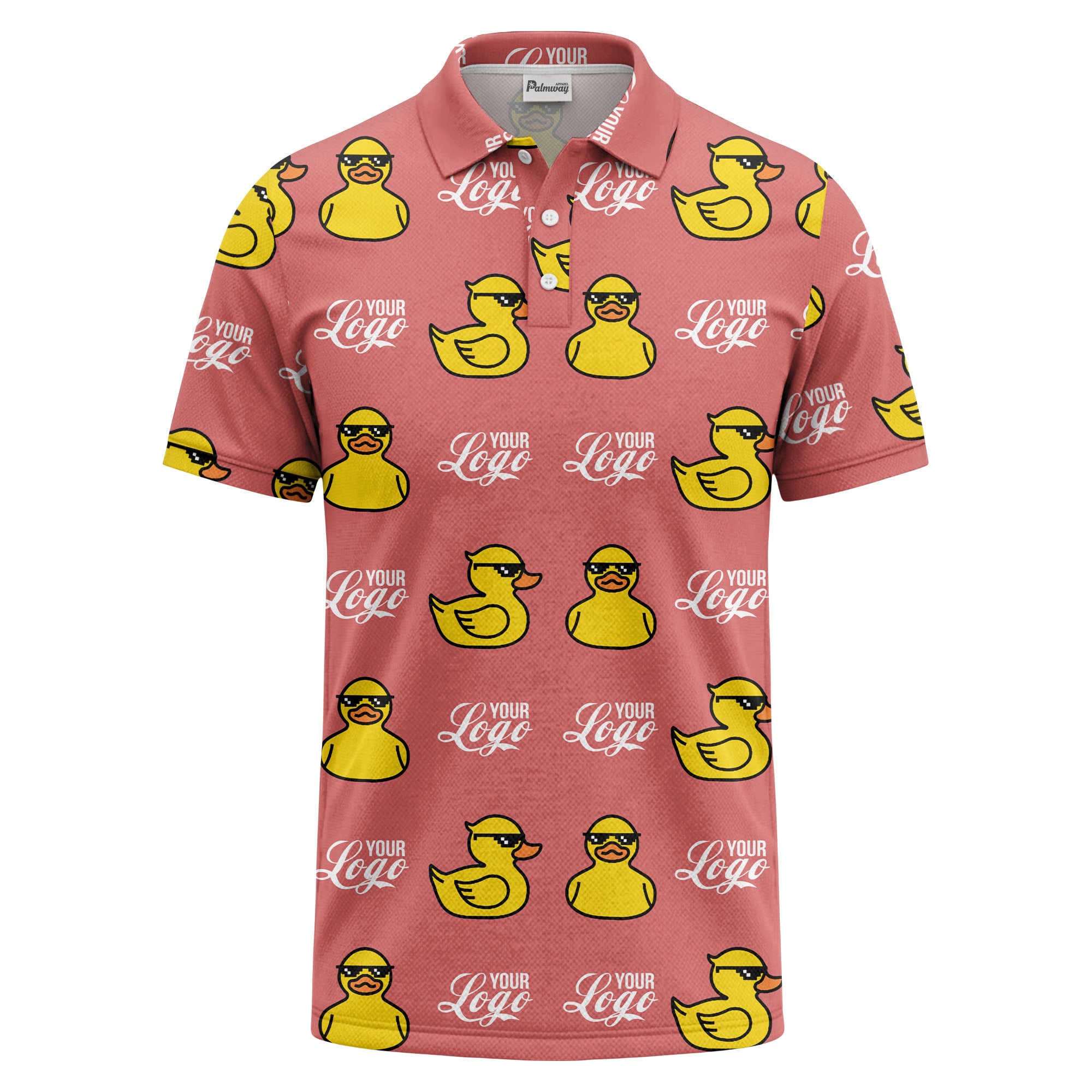 sunglasses rubber duck repeat pattern black yellow fun cartoon golf polo shirt