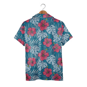 Teal Blue Playful Hibiscus Hawaiian Shirt with Coral Pink and Yellow Blooms