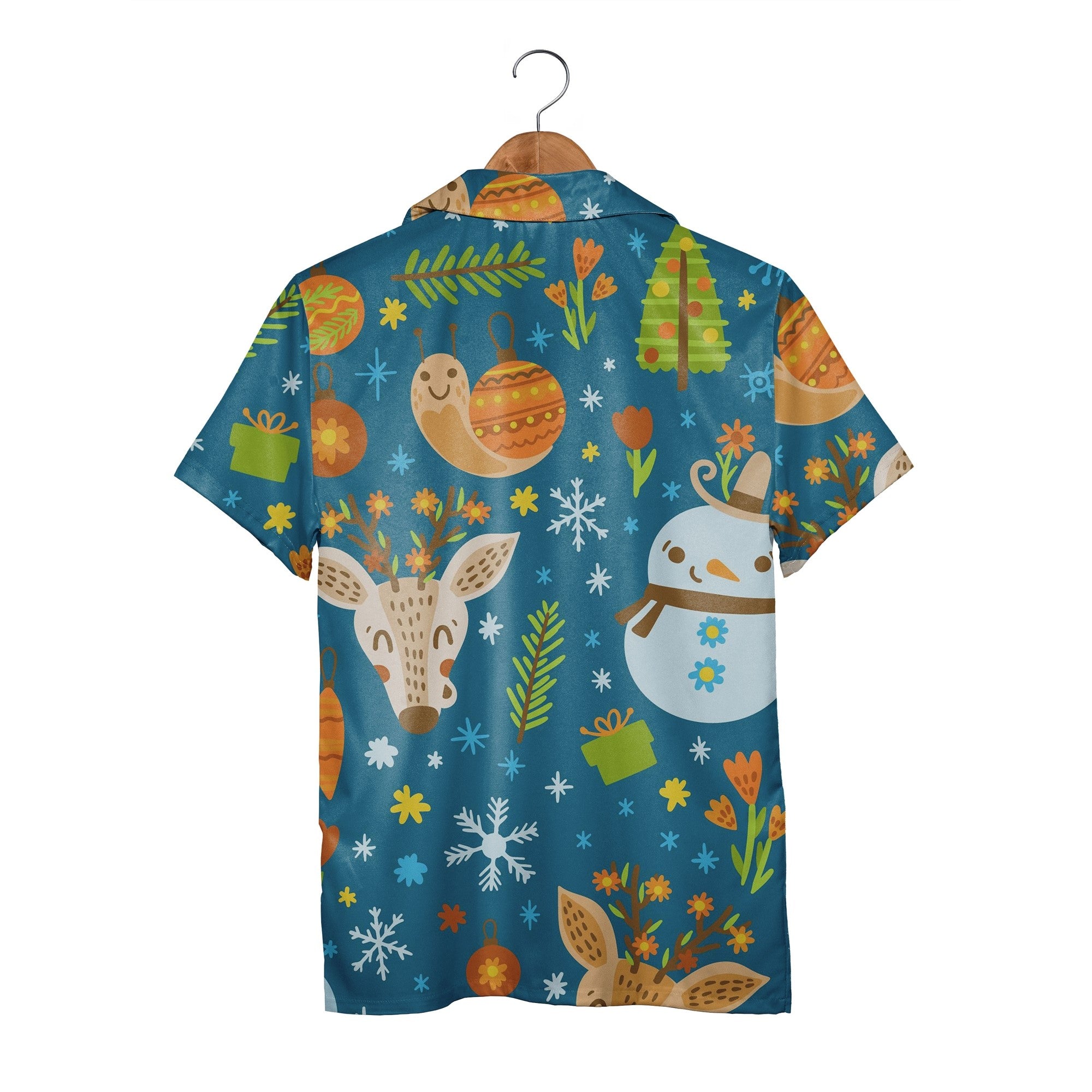 Teal Winter Wonderland Hawaiian Shirt with Deer and Snowman Motifs