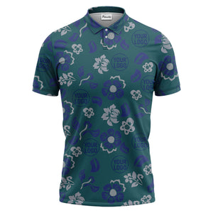 tropical blue floral logo repeating leaves polo shirt for men