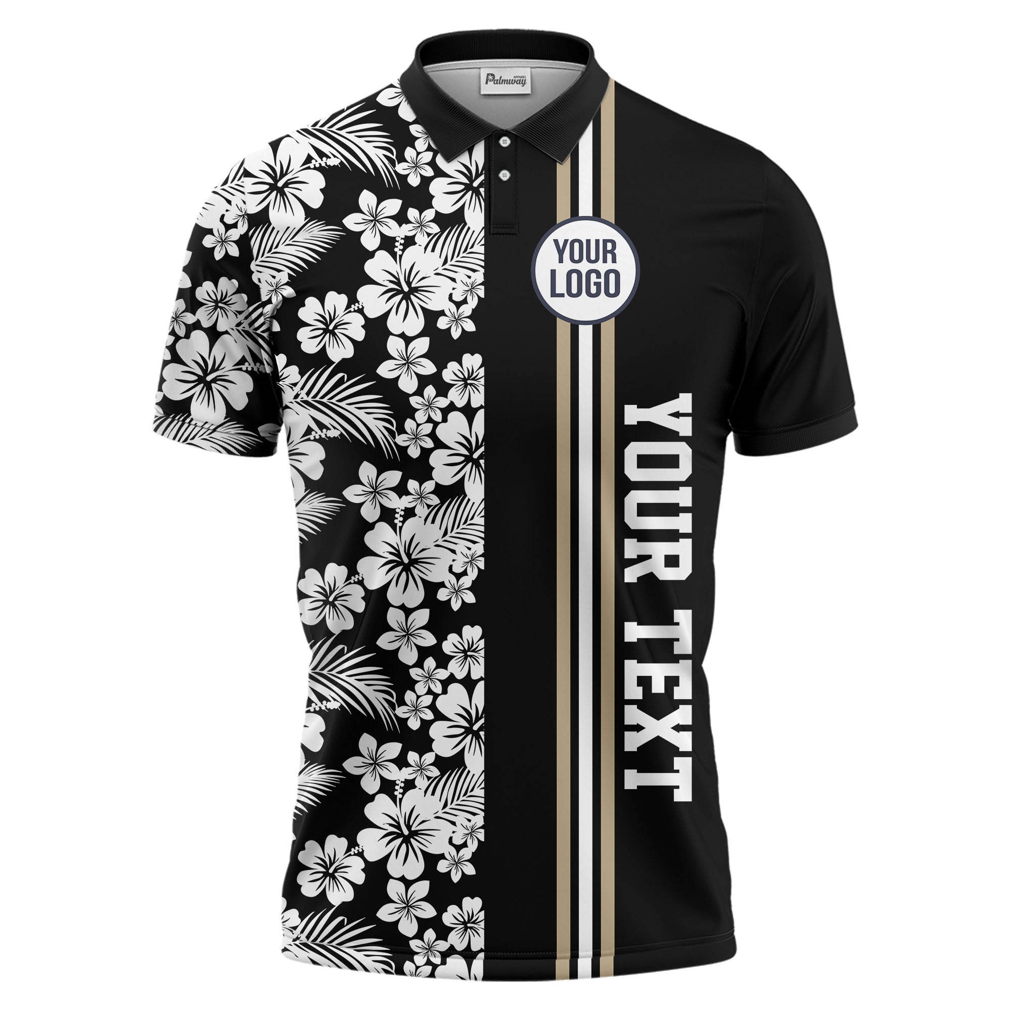 tropical hibiscus palm leaves custom multi color striped golf polo shirt for men