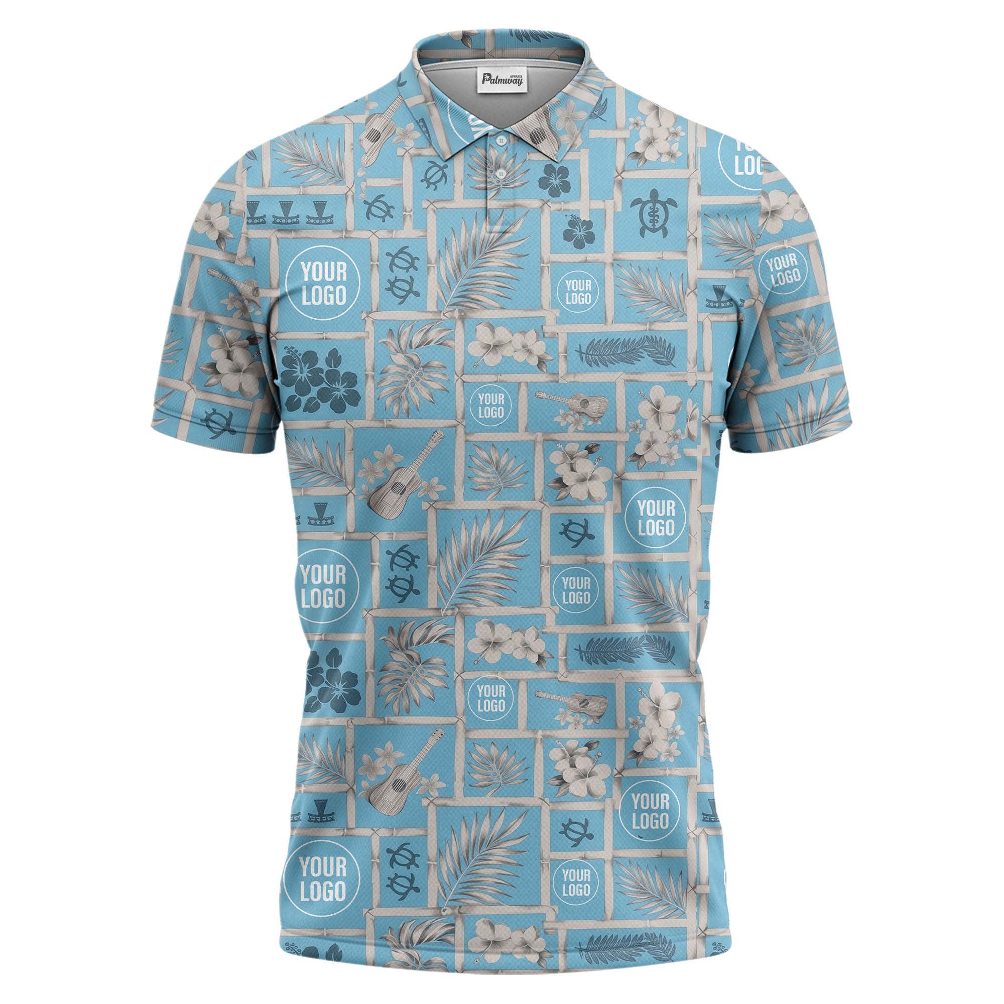 Tropical Voyage Blue Floral Turtles Ukuleles Anchors Polo Shirt For Beach Vacation