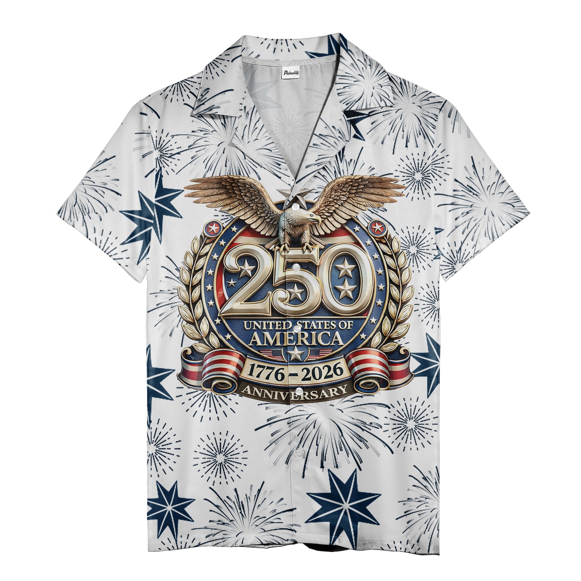 usa 250th anniversary hawaiian shirt with patriotic eagle & fireworks design