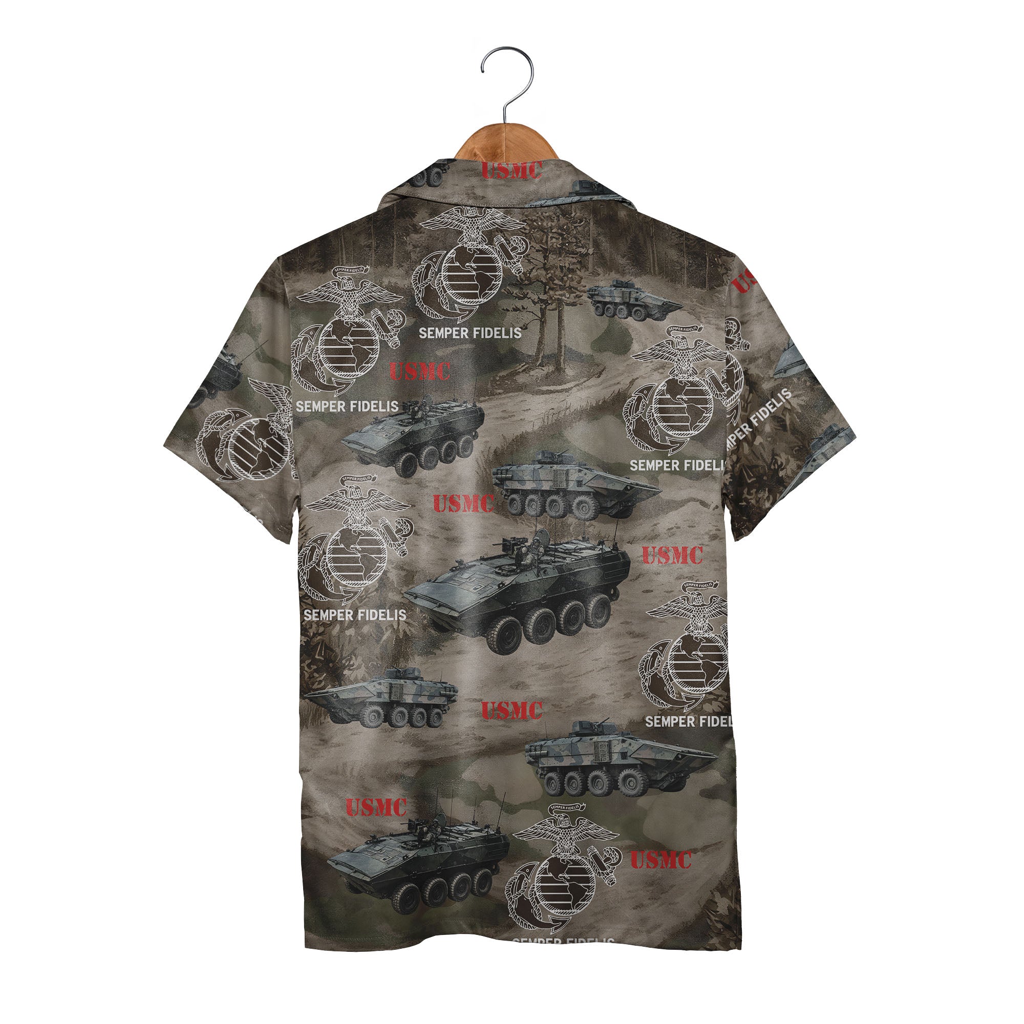 USMC Marine Corps Camouflage Military Vehicles Aloha Button Down Shirt Hawaiian Shirt