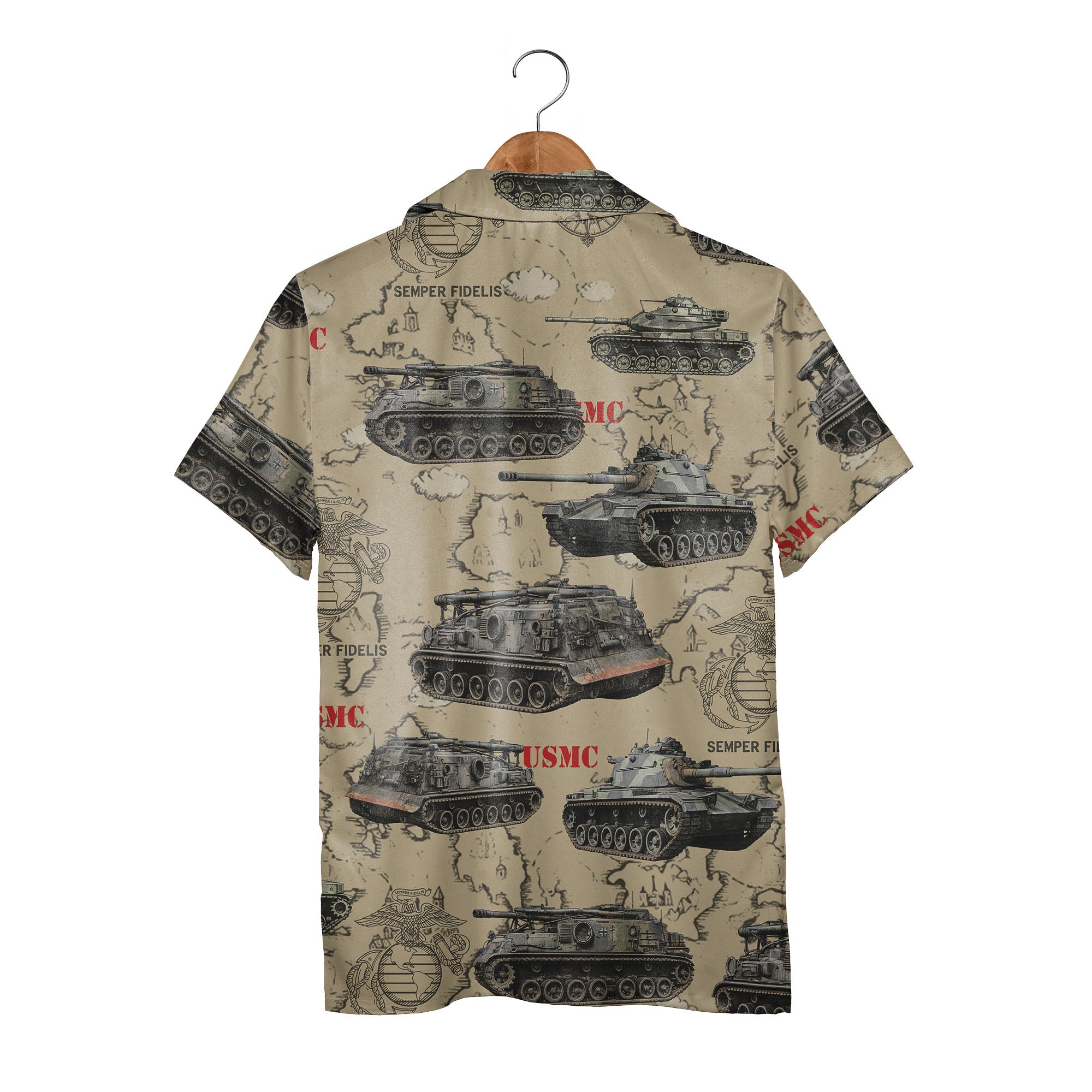 USMC Tank Hawaiian Shirt - Marines Vintage Map Military Vehicles & Eagle Print