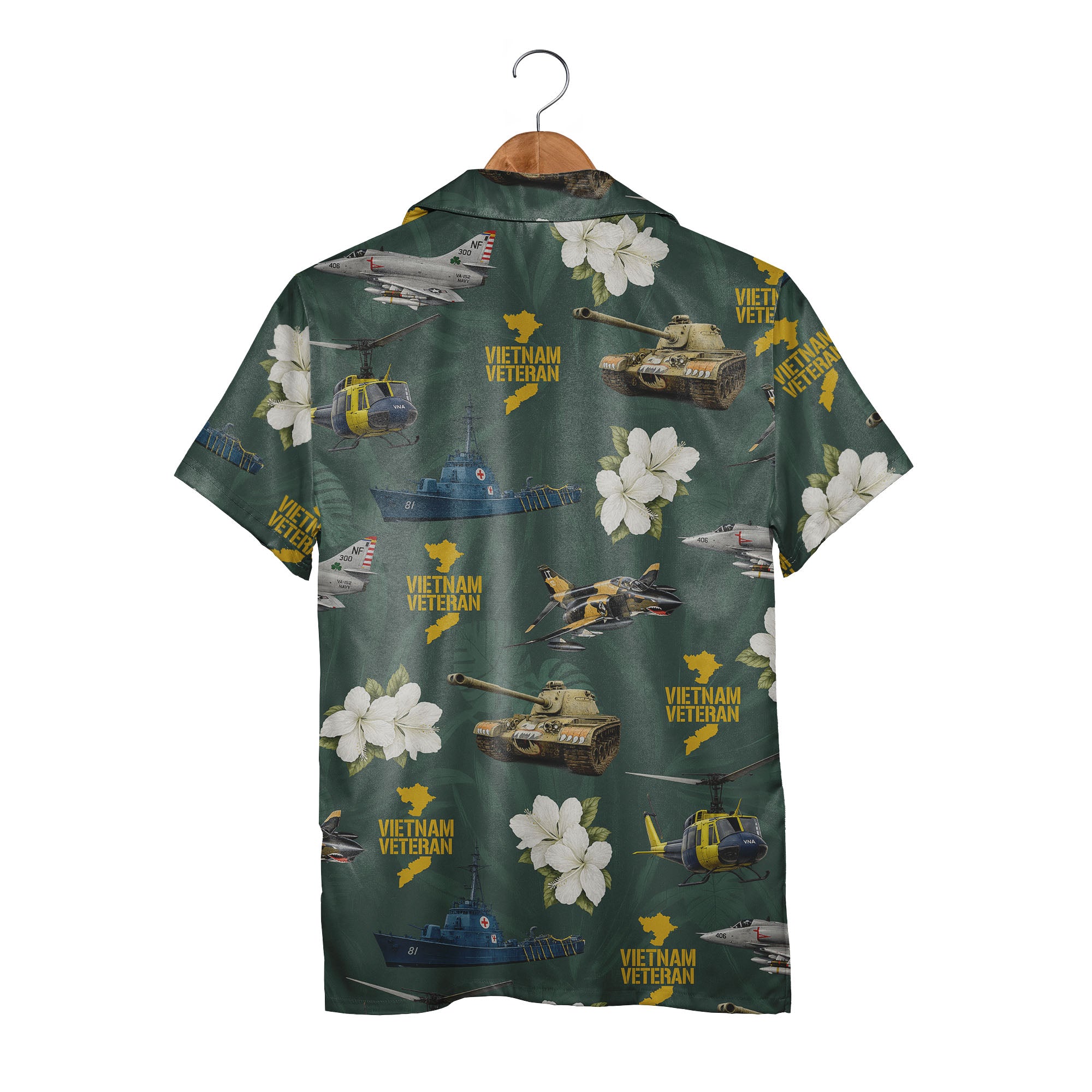 Vietnam Veteran Hawaiian Shirt - Military Jets Tanks Ships & Tropical Hibiscus