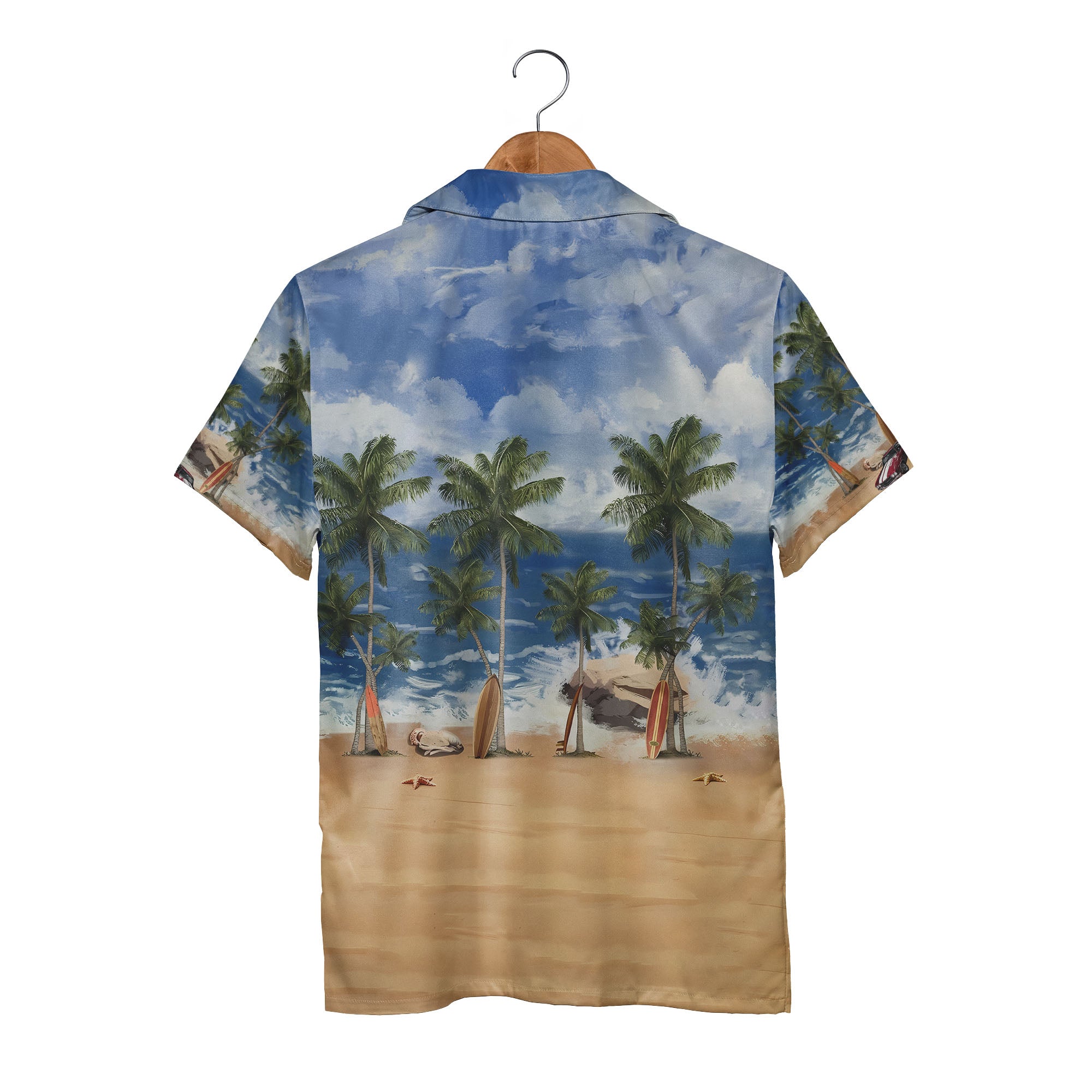 Vintage Classic Car Surf Beach Scene Tropical Aloha Button Down Shirt Hawaiian Shirt