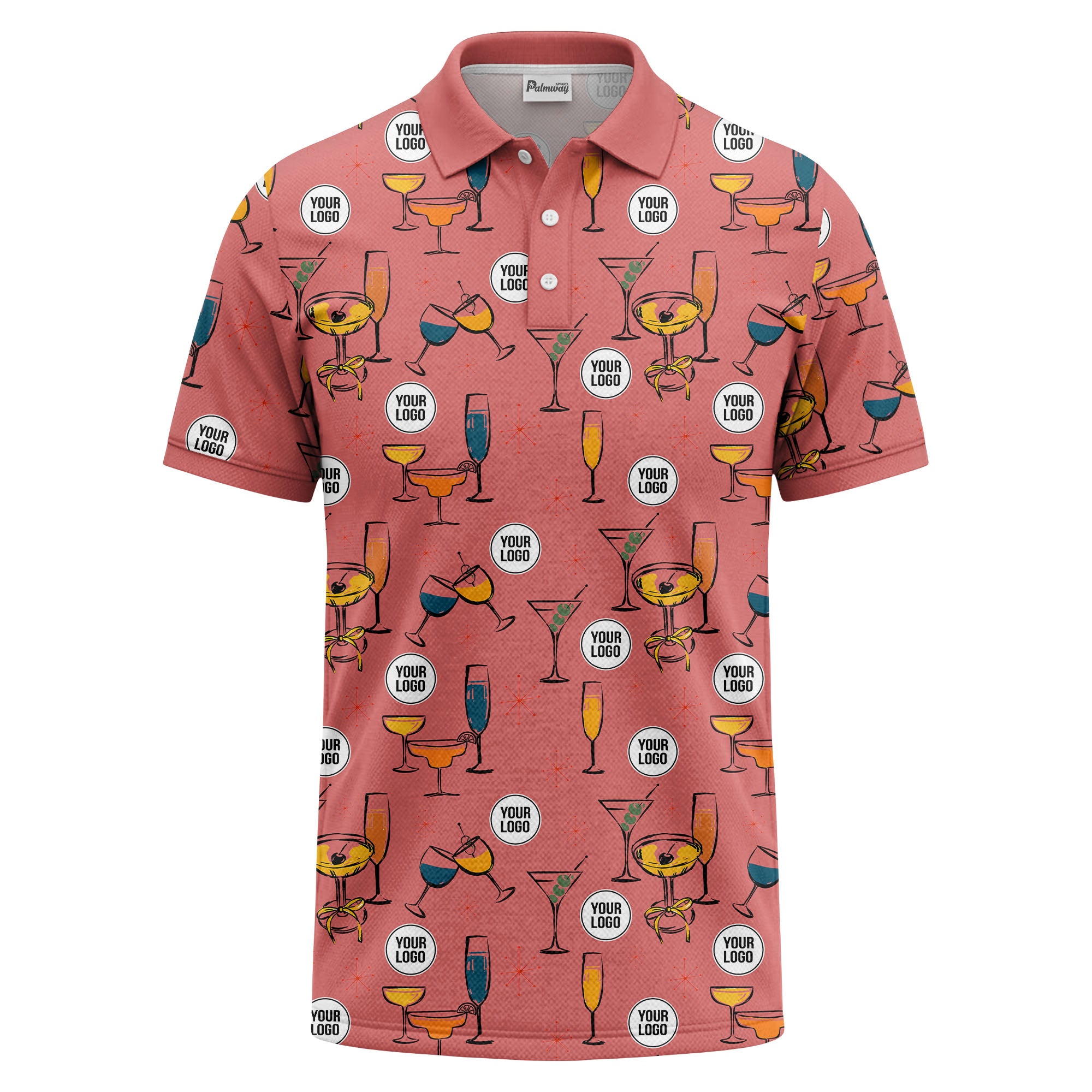 vintage illustrated martini & champagne glasses repeat polo shirt for men