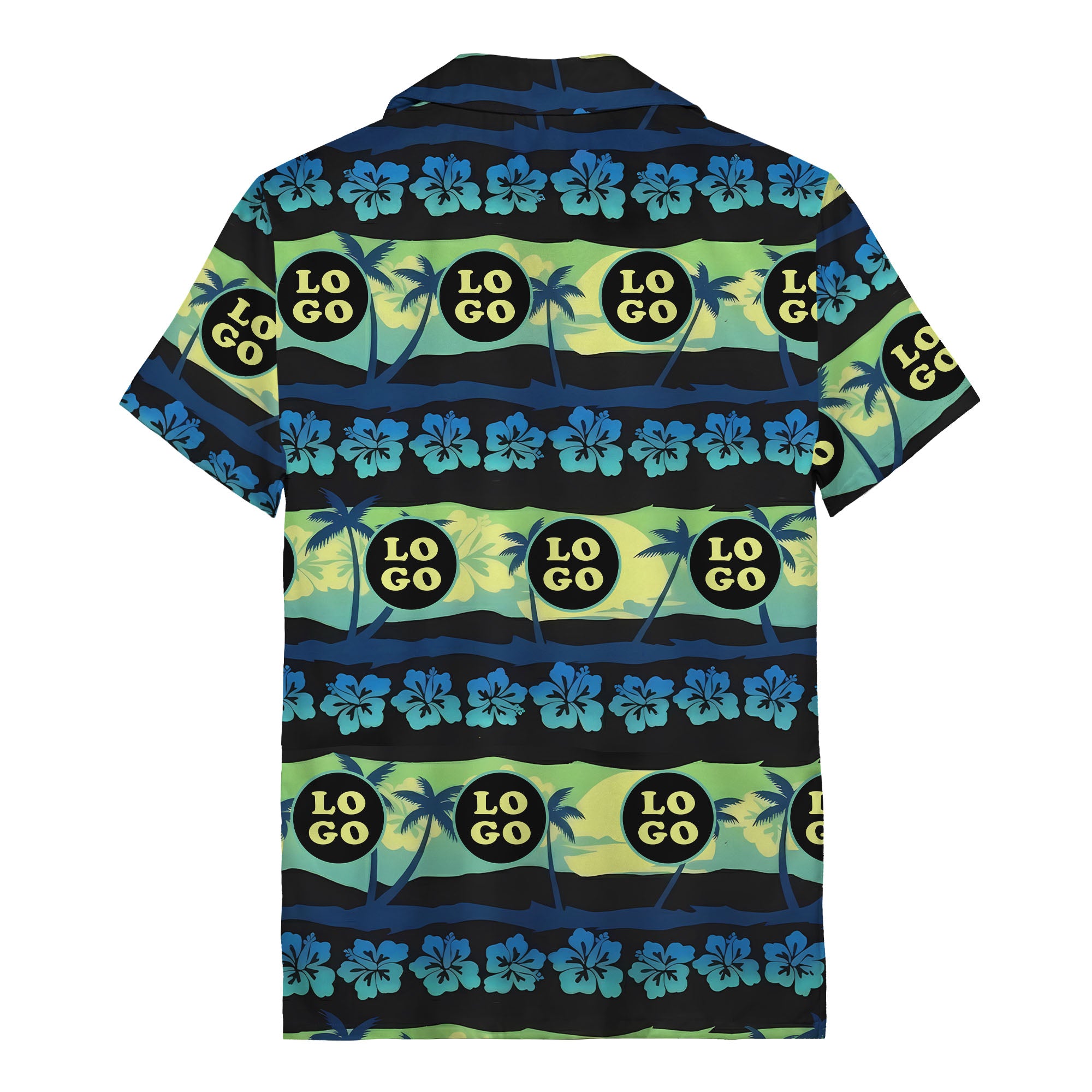 vintage palm trees hibiscus logo repeat navy blue hawaiian shirt