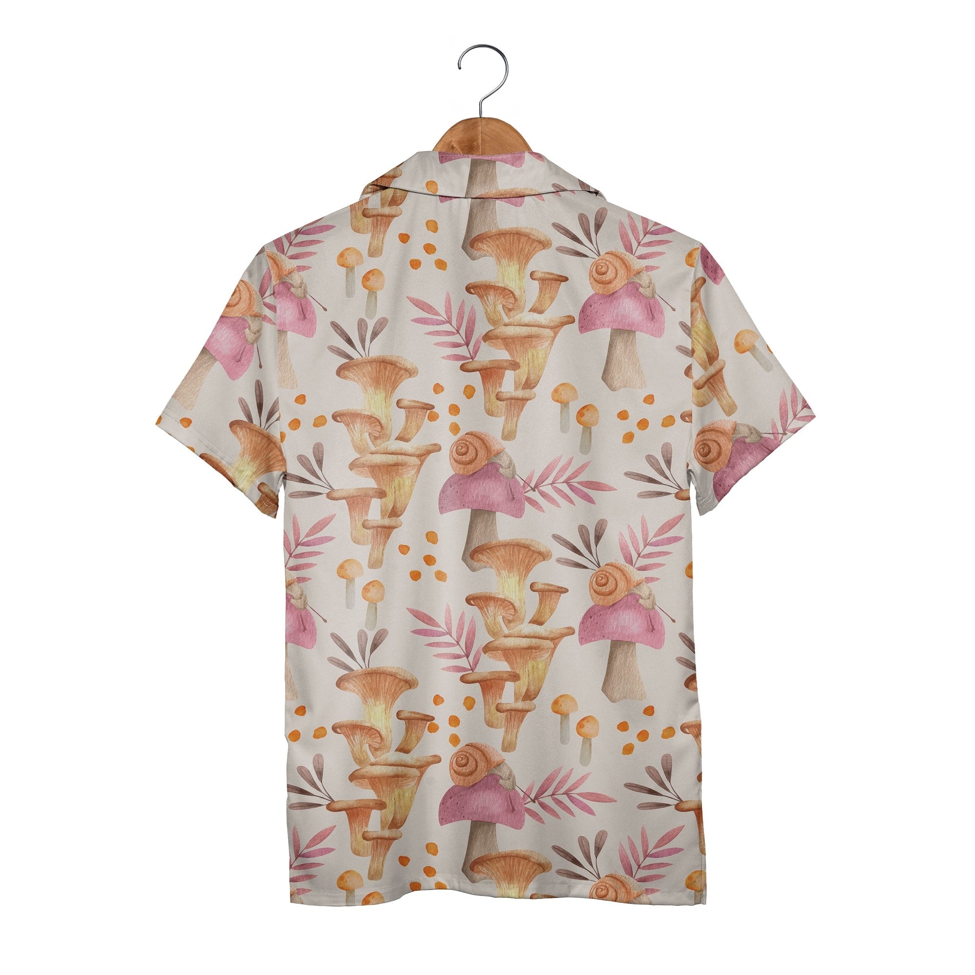 Watercolor Chanterelle Mushroom Hawaiian Shirt with Snails and Pink Leaves