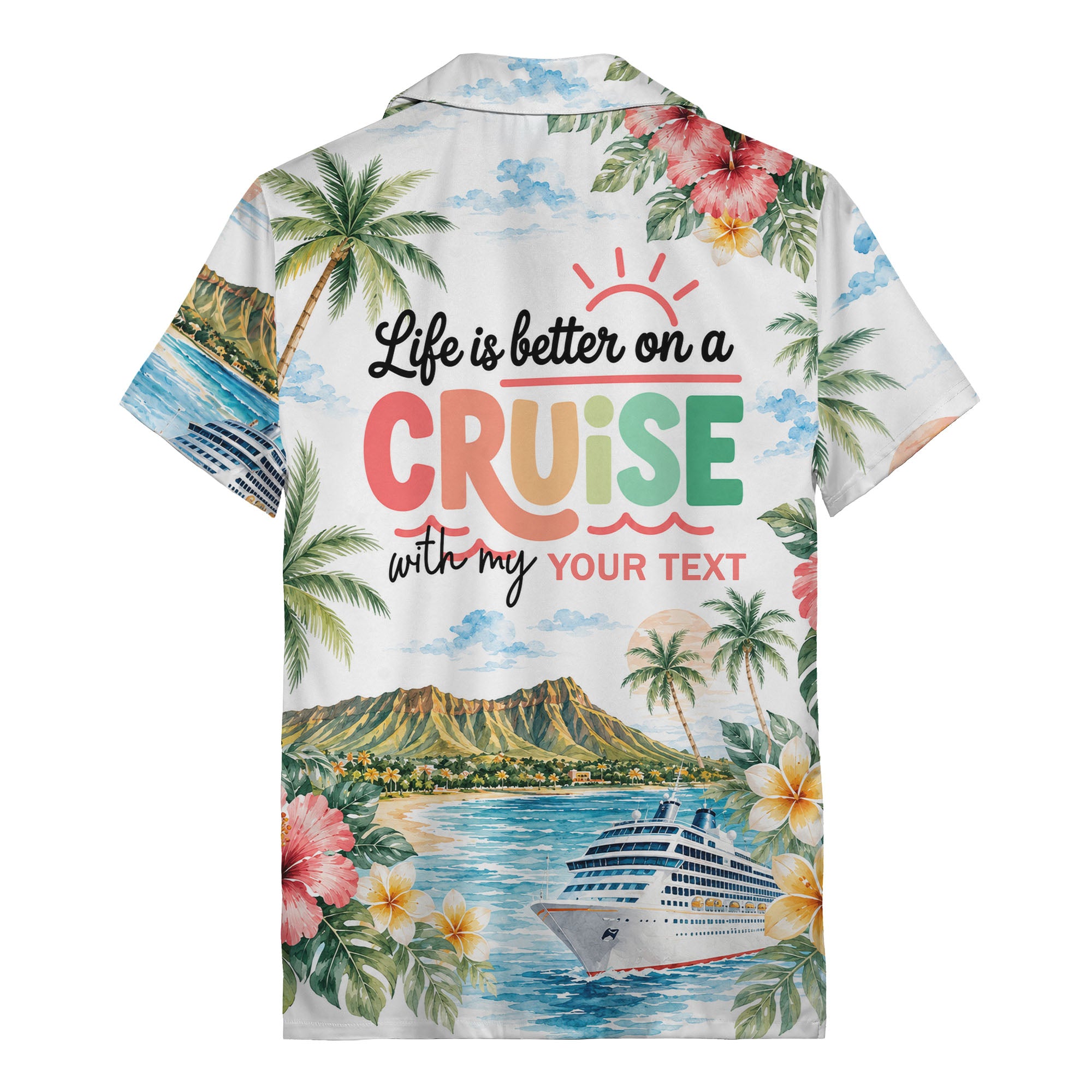 watercolor cruise sunset palm trees hibiscus flowers hawaiian shirt