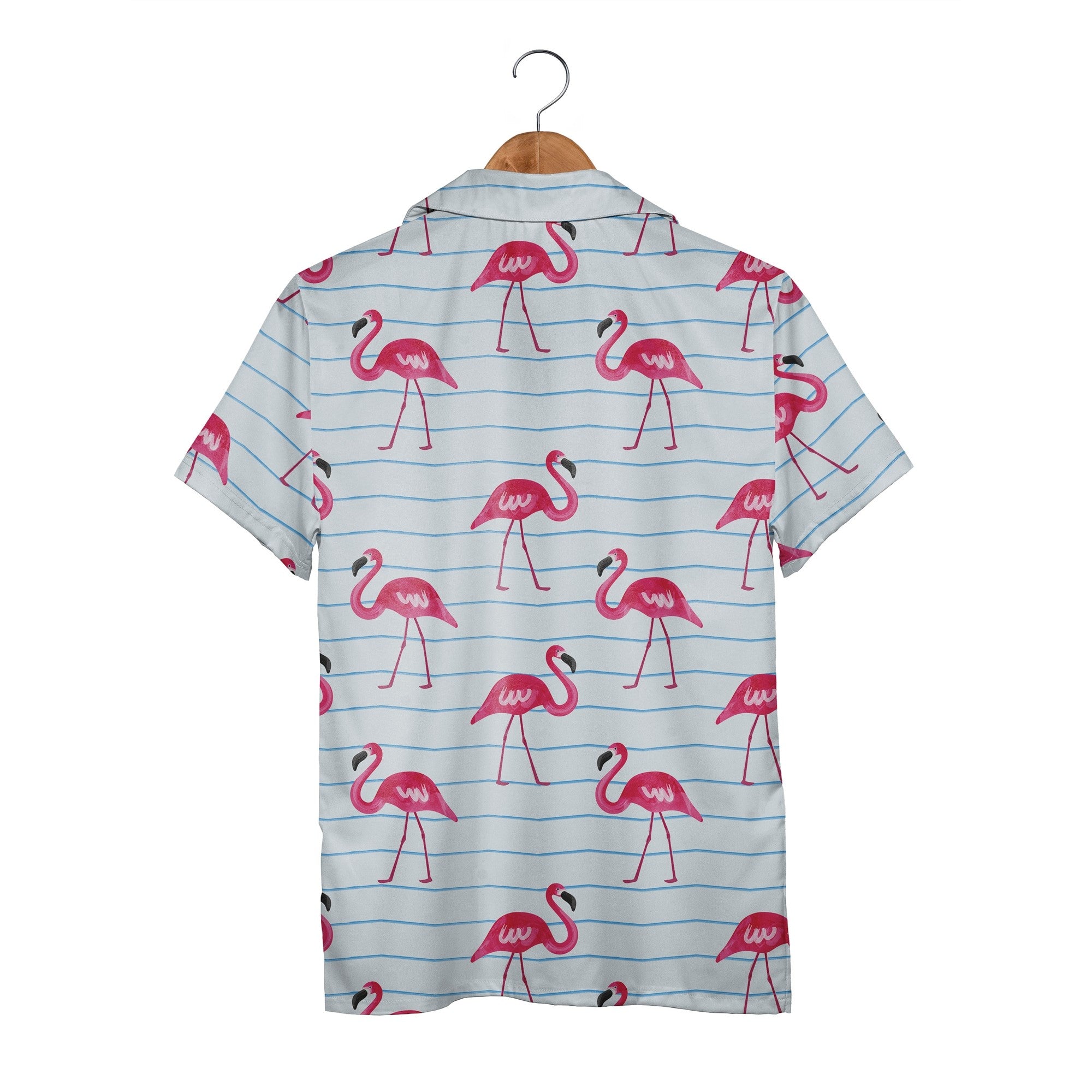 Watercolor Flamingo Hawaiian Shirt on Pale Blue Chevron Stripes