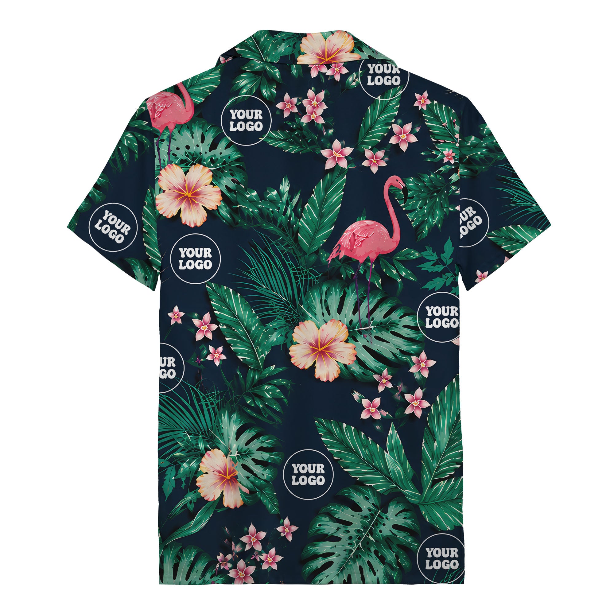 watercolor flamingos among palm leaves & hibiscus navy hawaiian shirt