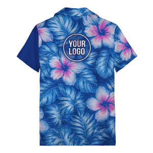 watercolor hibiscus monstera leaf royal blue hawaiian shirt