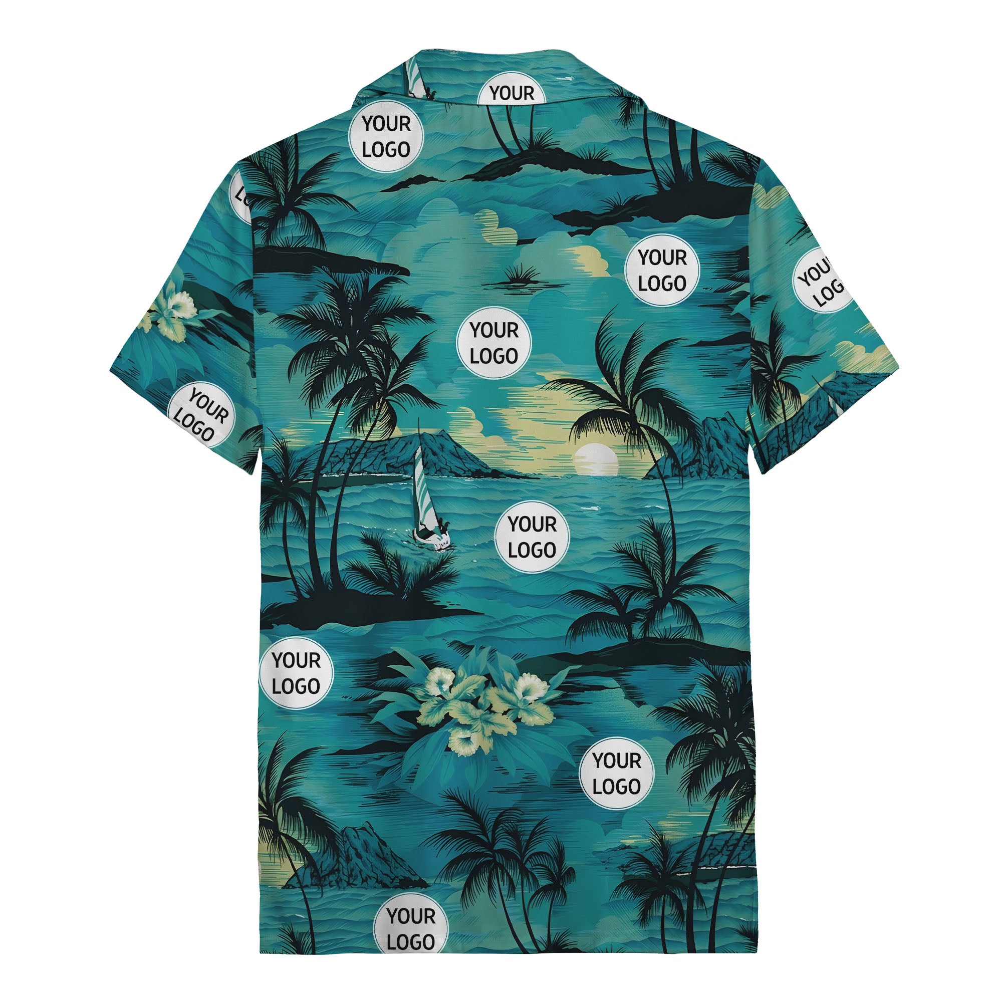watercolor palm tree sunset sailboat hawaiian shirt