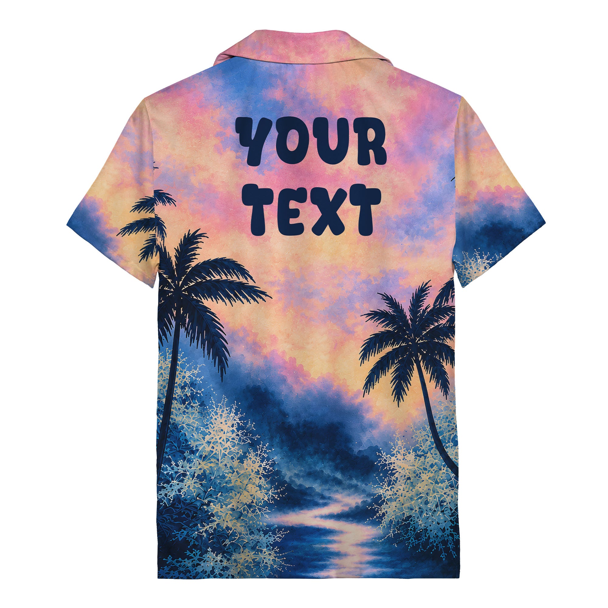 watercolor sunset palm trees coral reef navy hawaiian shirt