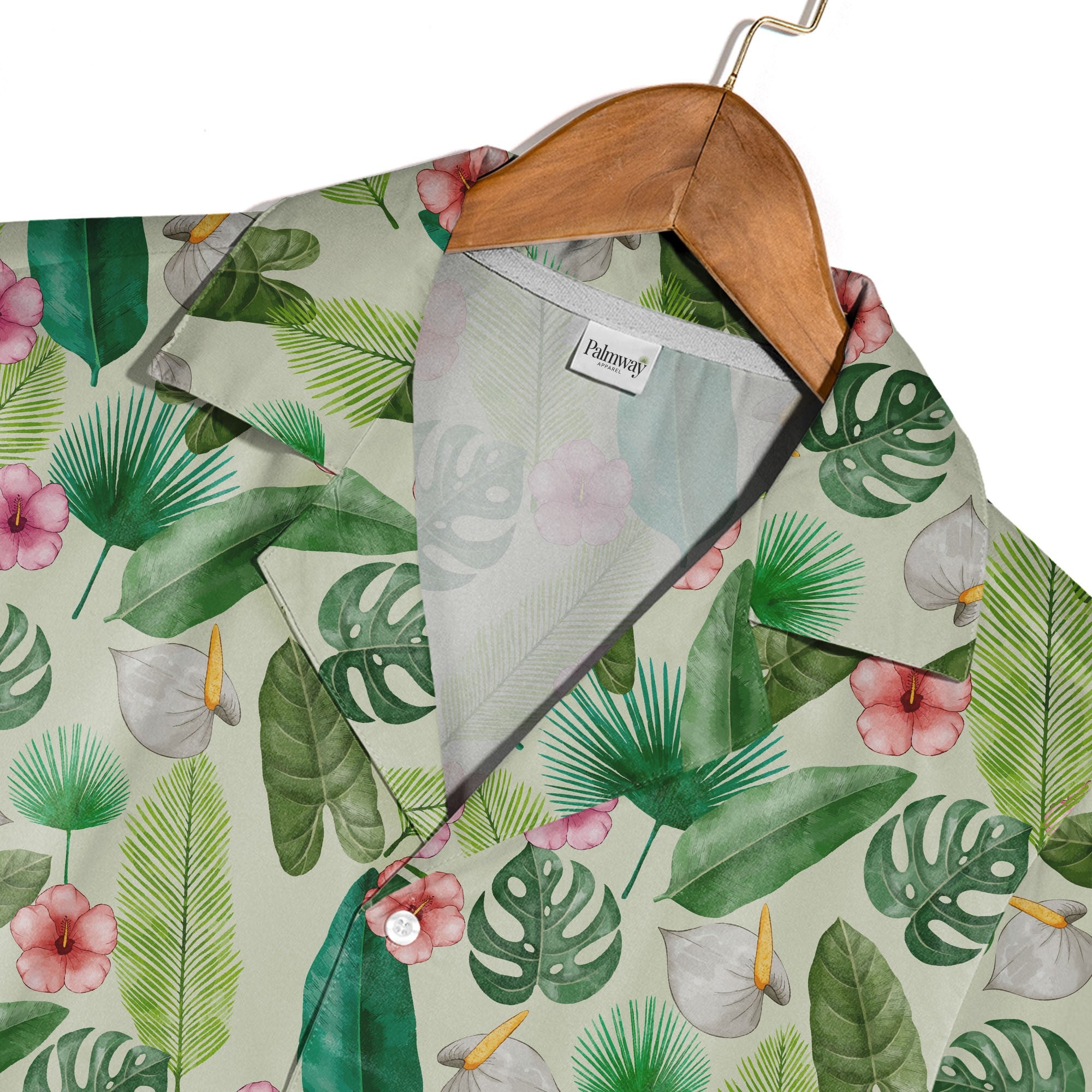Pale Sage Green Watercolor Monstera Hawaiian Shirt with Anthurium Hibiscus