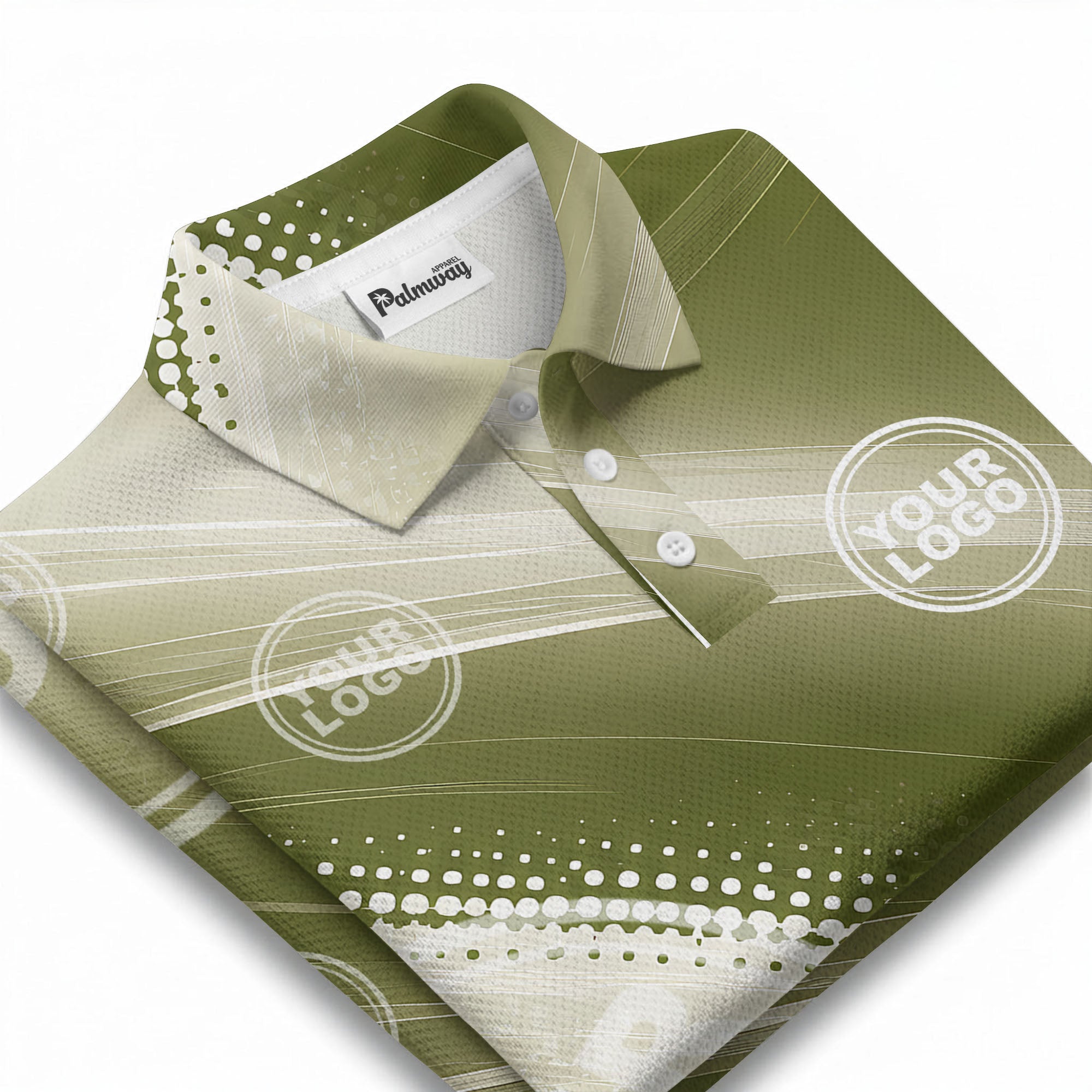abstract gradient waves & circular dots modern olive green polo shirt