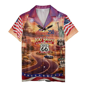 america 250 route 66 hawaiian shirt, patriotic usa landmark aloha button down shirt