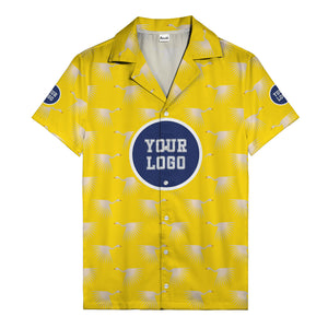 art deco crane silhouette logo beige navy hawaiian shirt