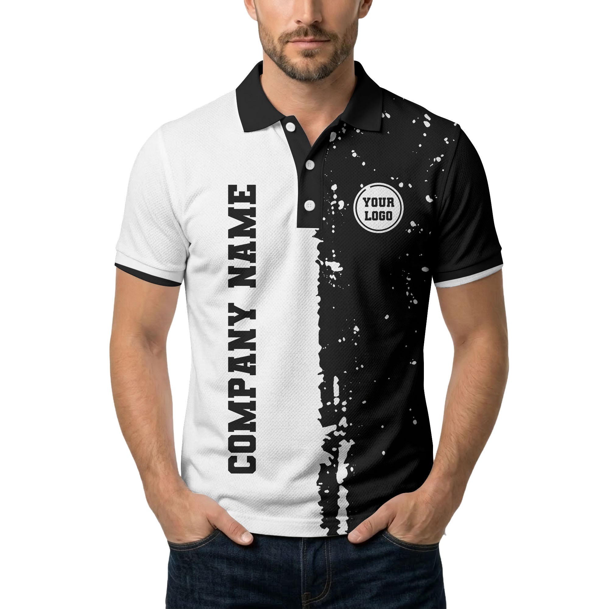 black white paint splatter custom logo corporate polo shirt