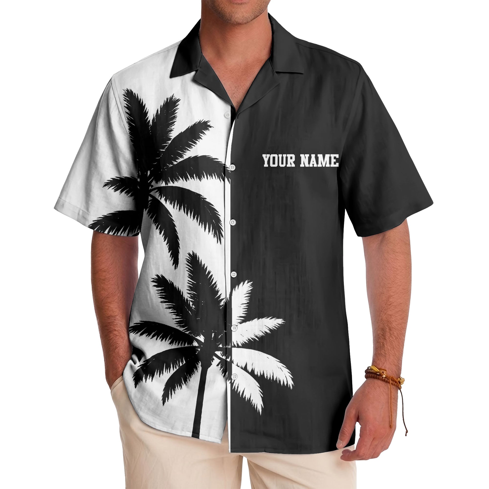 black white palm tree silhouette contrast tropical hawaiian shirt for men