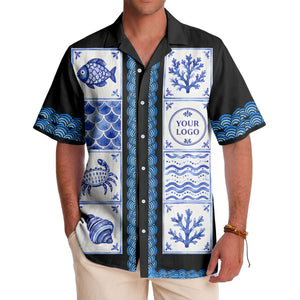 blue ceramic tile mosaic fish crab coral watercolor oceanic hawaiian shirt