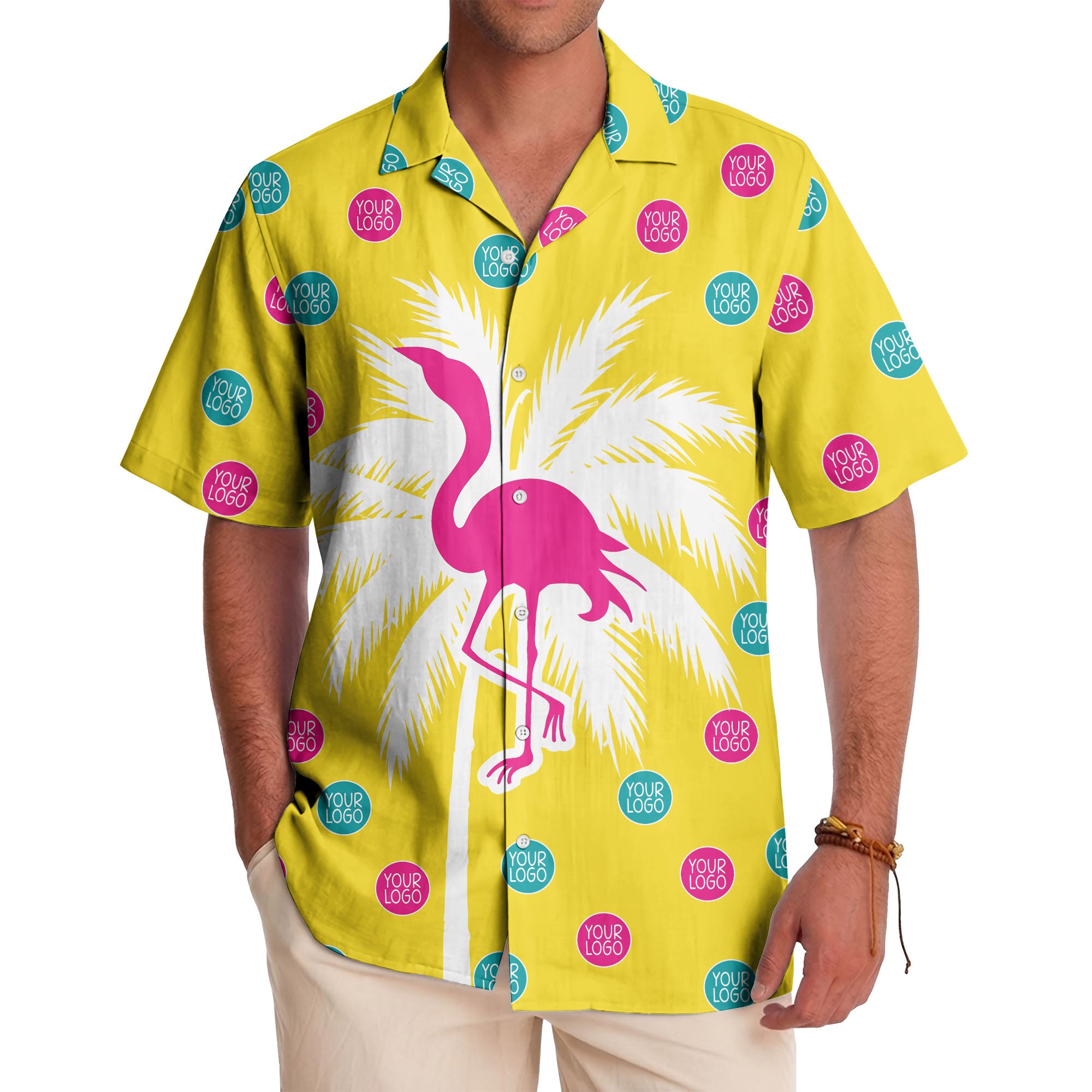 bright yellow flamingo on palm tree hawaiian shirt with custom logos