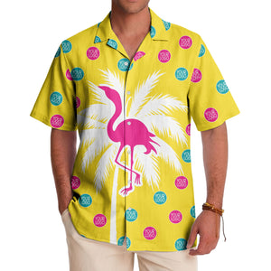 bright yellow flamingo on palm tree hawaiian shirt with custom logos