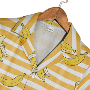 Cartoon Banana Hawaiian Shirt on Yellow and White Wavy Stripes
