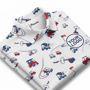cartoon golf carts clubs flags repeating polo shirt for men