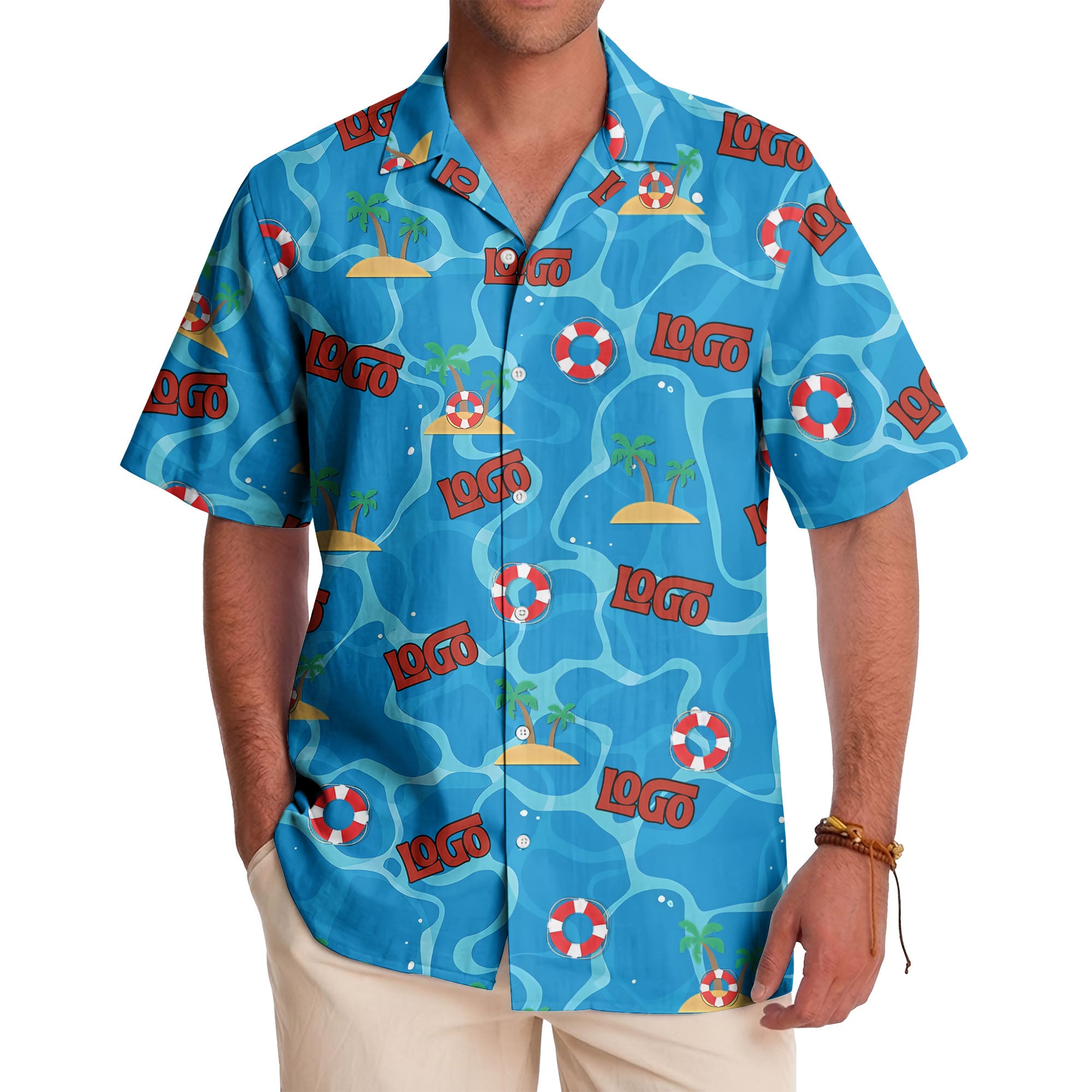 cartoon lifebuoy & palm tree island oasis hawaiian shirt for men