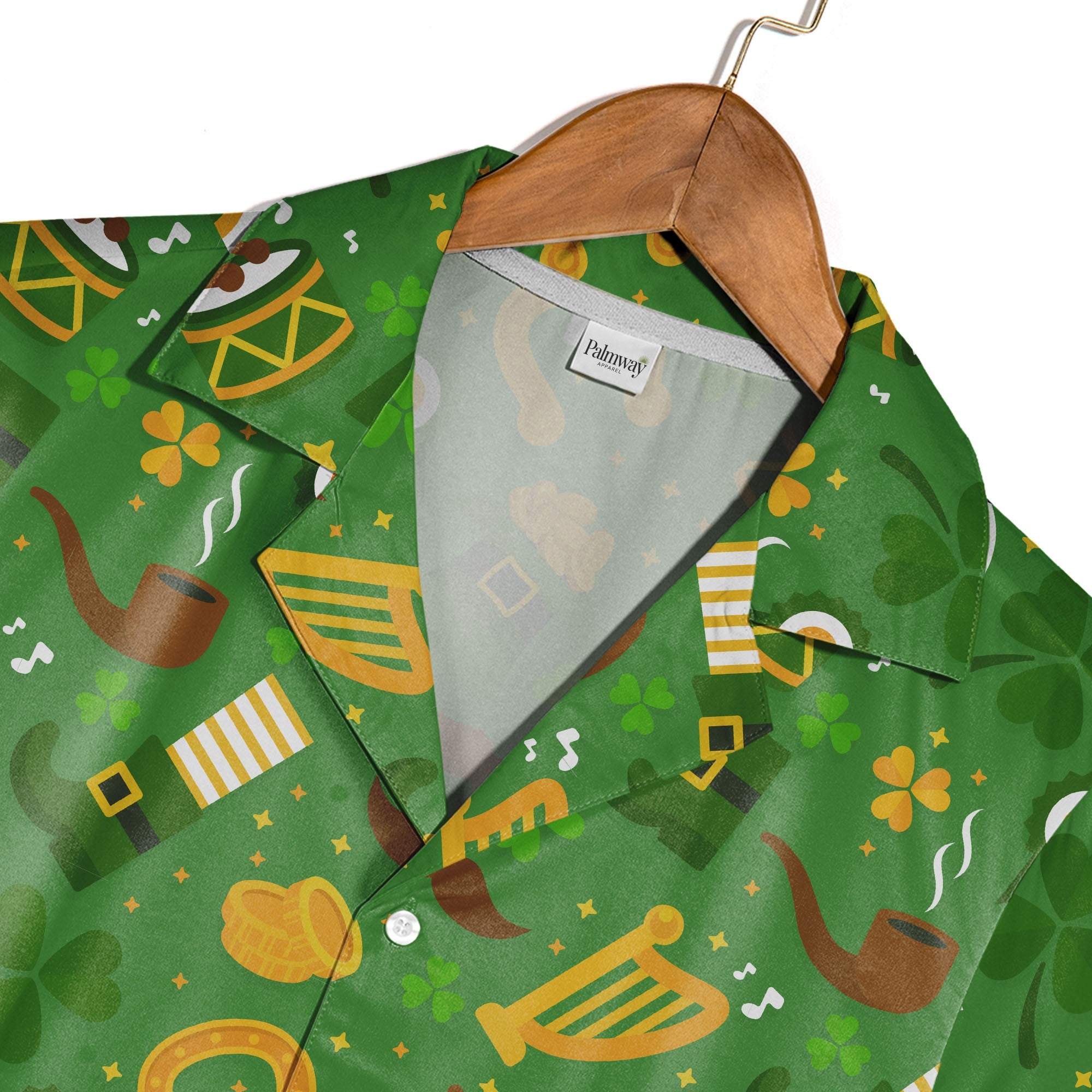 Celtic Music Hawaiian Shirt with Irish Harps Drums and Dancing Shamrocks