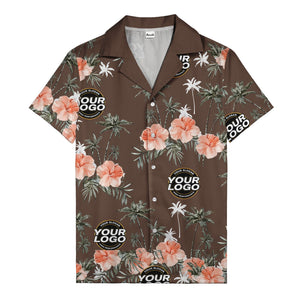 coral pink hibiscus & palm trees on black hawaiian shirt for men
