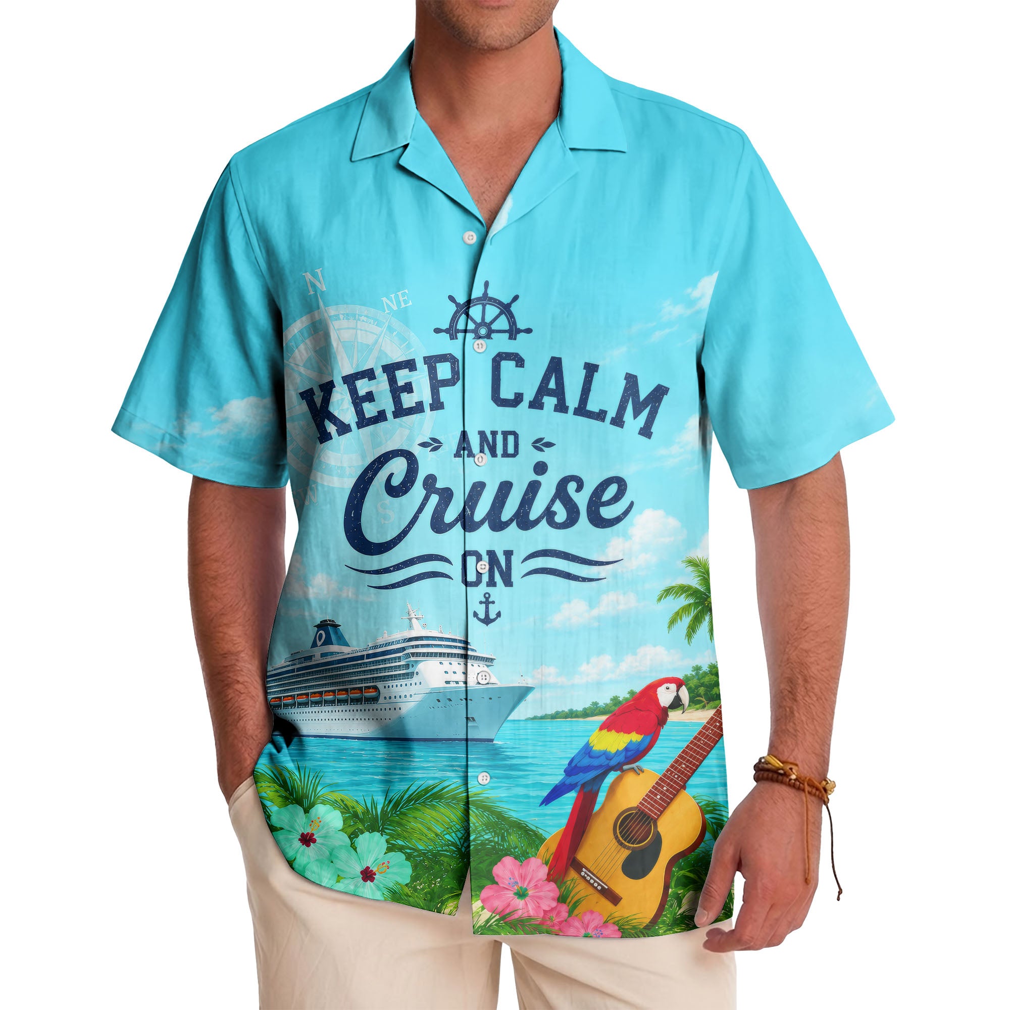 cruise ship parrot & guitar beach scene hawaiian shirt
