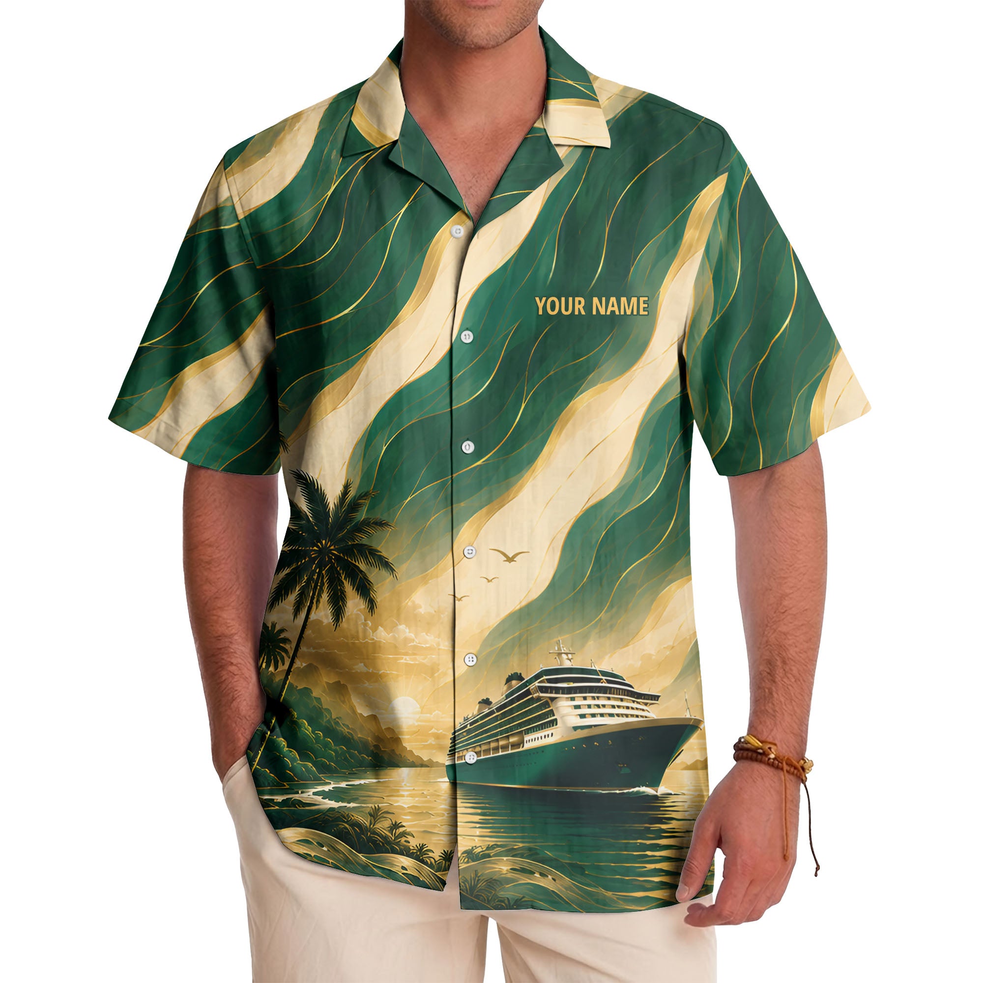 cruise ship sailing into golden sunset palm trees hawaiian shirt