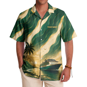 cruise ship sailing into golden sunset palm trees hawaiian shirt