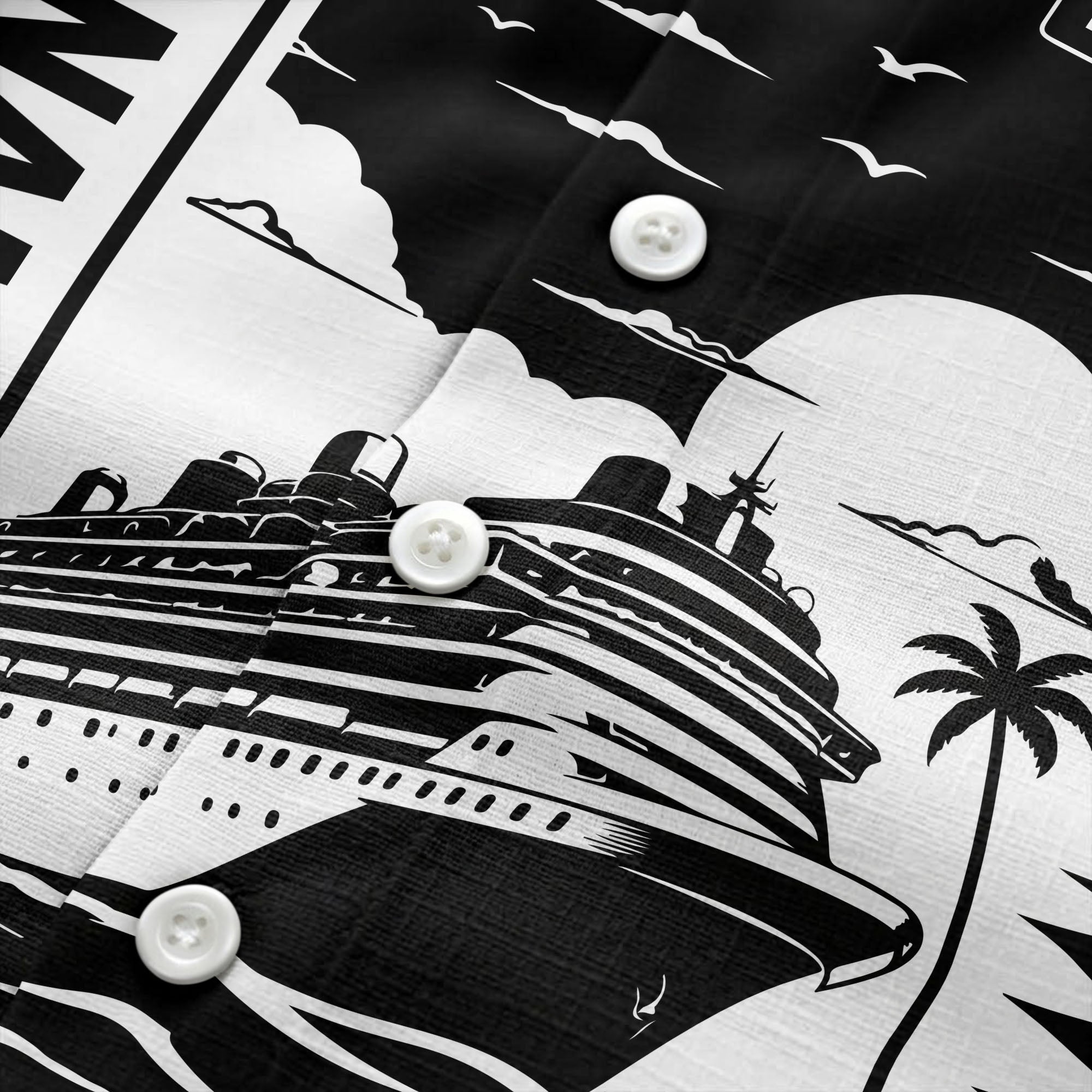 cruise ship silhouette sunset palm trees hawaiian shirt