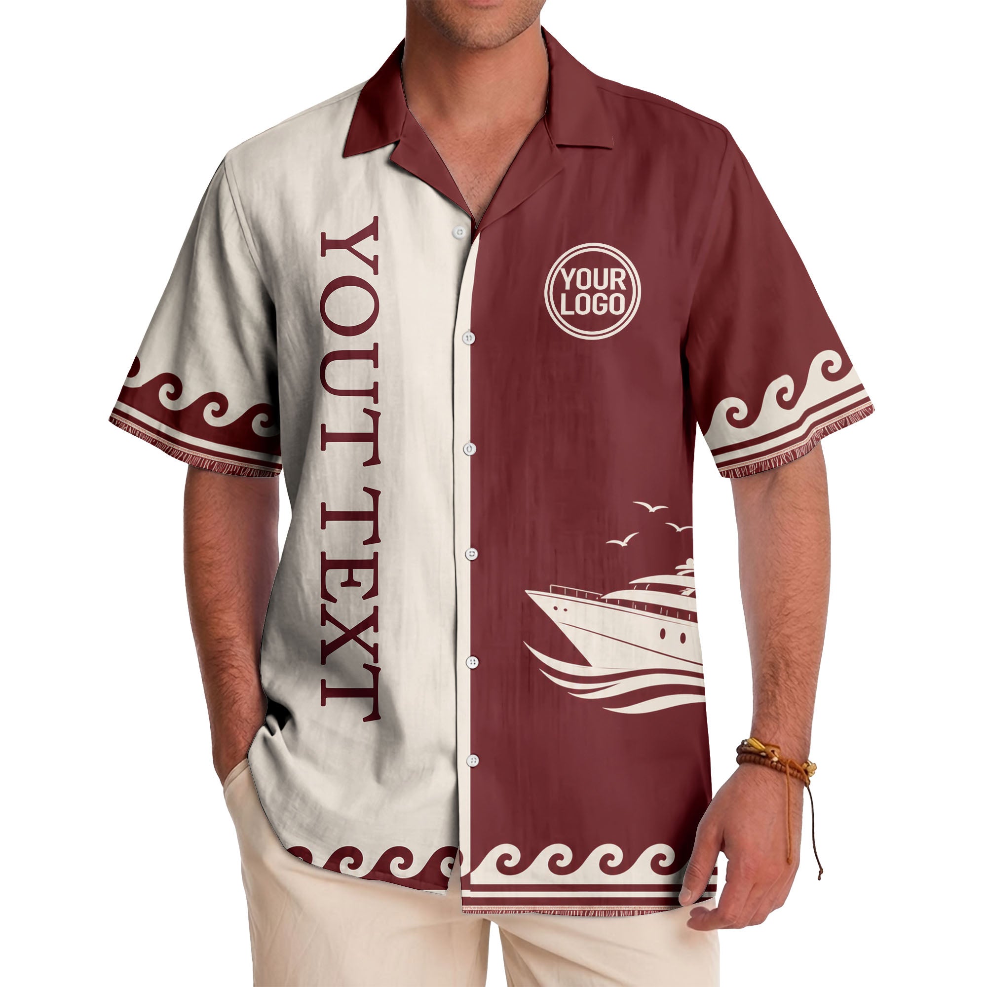 cruise ship & soaring seagulls on maroon ocean waves hawaiian shirt