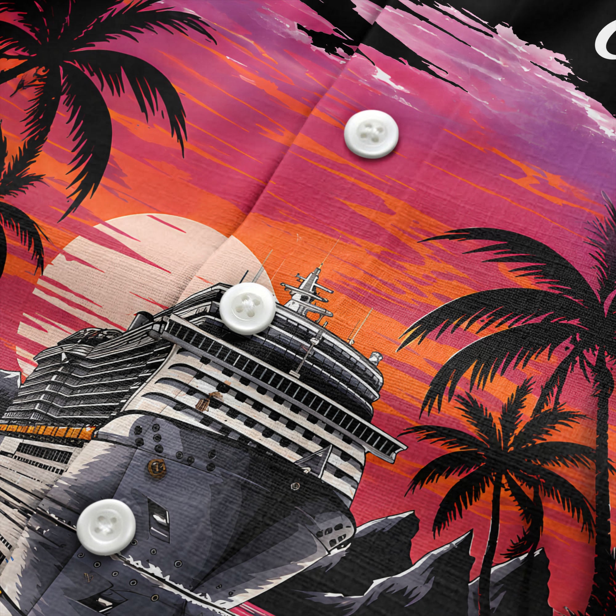 cruise ship sunset palm trees hibiscus flowers hawaiian shirt for men