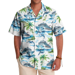 cruise ships dolphins & palm tree watercolor hawaiian shirt