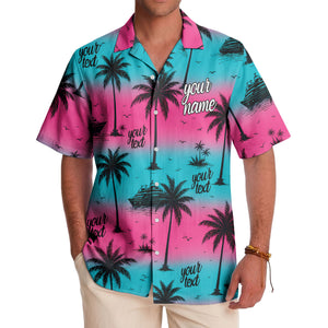 cruise ships & palm trees sunset coral pink hawaiian shirt