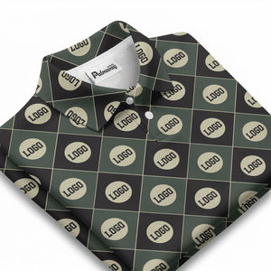 custom multi color geometric logo pattern polo shirt with diamond shapes branding design hawaiian shirt