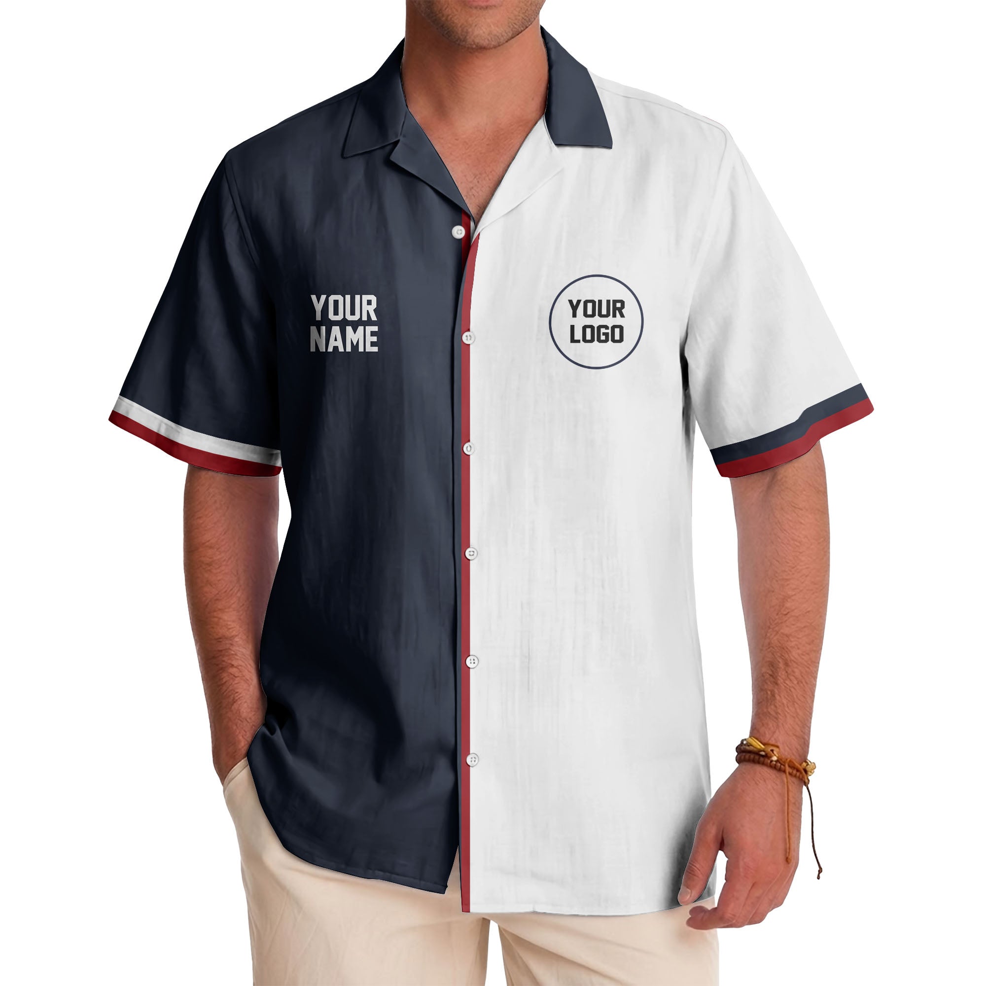 custom name & logo circle navy hawaiian shirt for bowlers